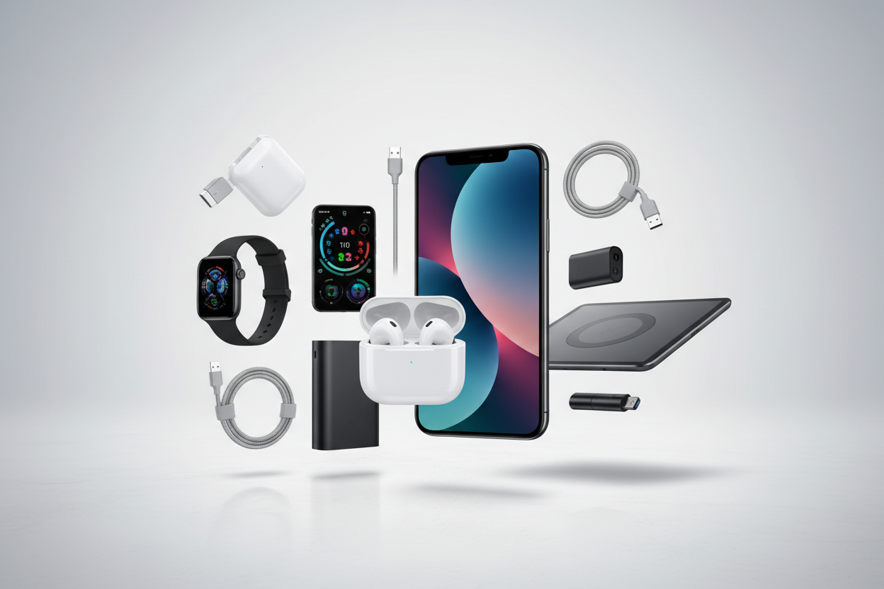 Create a clean 1200x400 banner background and center images add with a modern gadgets products.

