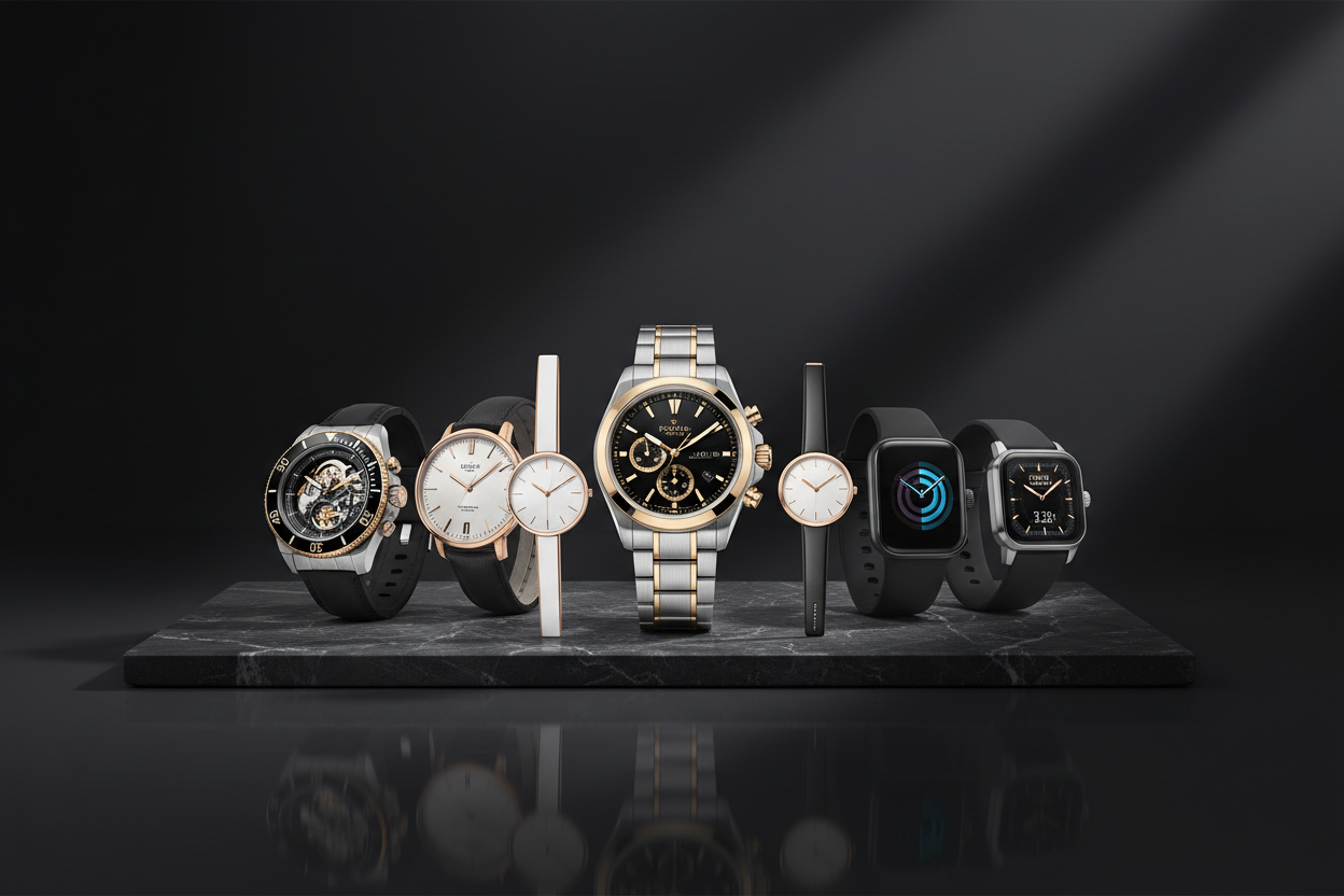 Create a high-quality image showing a Watch style for all products. Create a wide 1200x400 watches new style banner image that fits perfectly on desktop and mobile screens. 
Keep all important elements in the center-safe area so nothing gets cut on wide screens.